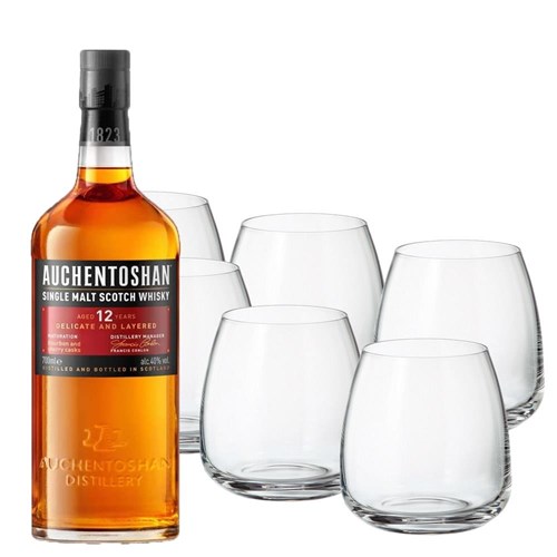 Auchentoshan 12 Year Old Single Malt Whisky with Six Bohemia Anser Tumblers